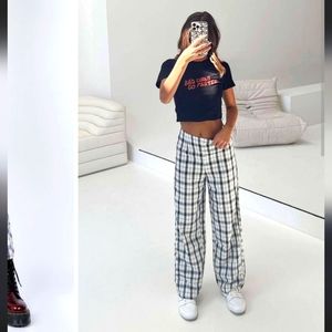 Princess Polly 2 Euros Wide High Waist plaid cropped pants